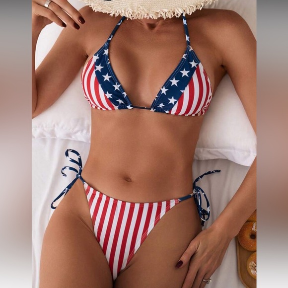 🇺🇸 American Flag Print Side Tie Bikini Set - Picture 1 of 9